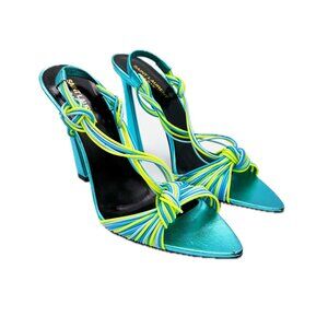 Saint Laurent Gippy Strappy Knot Slingback Sandals in Aqua Blue & Neon Yellow